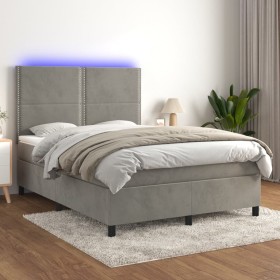 Cama box spring colchón y LED terciopelo gris claro 140x190 cm