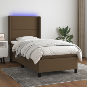Cama box spring colchón y luces LED tela marrón oscuro 90x190cm