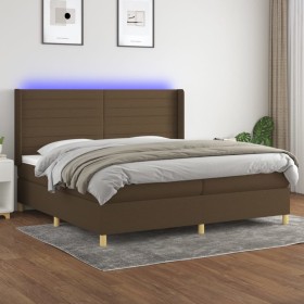 Cama box spring colchón luces LED tela marrón oscuro 200x200 cm