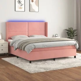 Box spring bed with mattress and LED pink velvet 160x200 cm by , Beds and slatted bases - Ref: Foro24-3139516, Price: 529,39 ...
