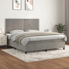 Cama box spring con colchón terciopelo gris claro 160x200 cm