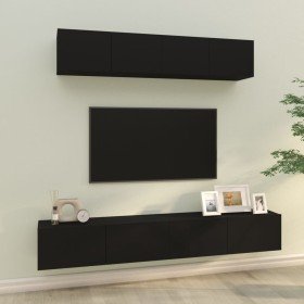 Set de muebles para TV 4 piezas madera contrachapada negro Set de muebles para TV 4 piezas madera contrachapada negro
