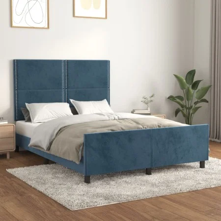 Dunkelblauer Samtbettrahmen mit Kopfteil 140x200 cm von , Betten und Lattenroste - Ref: Foro24-3125700, Preis: 214,98 €, Raba...