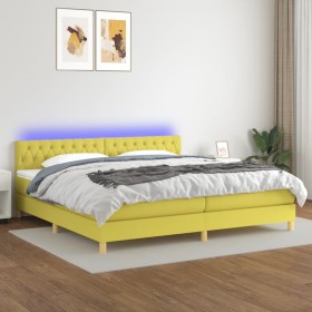 Cama box spring con colchón y LED tela verde 200x200 cm