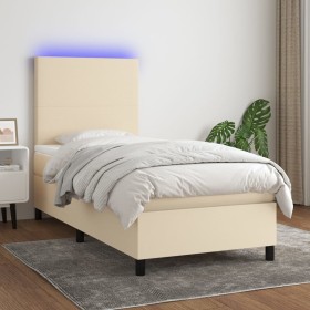 Cama box spring colchón y luces LED tela crema 80x200 cm