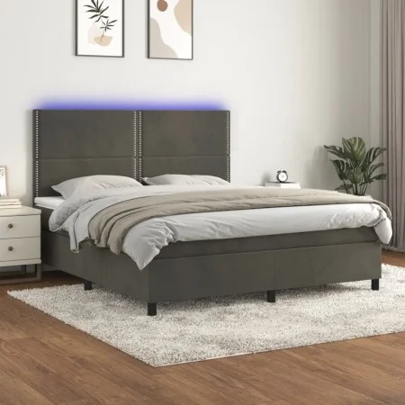 Box spring bed with mattress and LED dark gray velvet 160x200 cm by , Beds and slatted bases - Ref: Foro24-3136072, Price: 50...