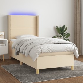 Cama box spring colchón y luces LED tela crema 100