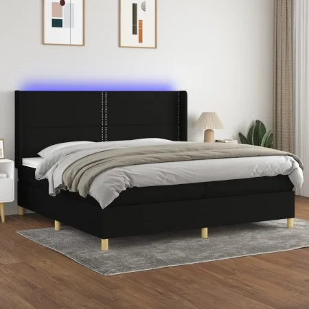 Box spring bed mattress and LED lights black fabric 200x200 cm by , Beds and slatted bases - Ref: Foro24-3138823, Price: 646,...