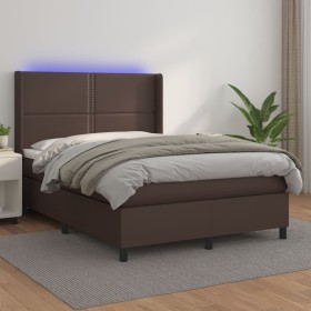 Cama box spring colchón y LED cuero sintético marrón 140x200 cm