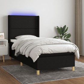 Cama box spring colchón y luces LED tela negro 90x200 cm