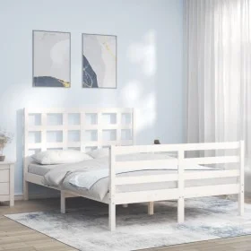 Double bed frame with white solid wood headboard by , Beds and slatted bases - Ref: Foro24-3193962, Price: 145,24 €, Discount: %