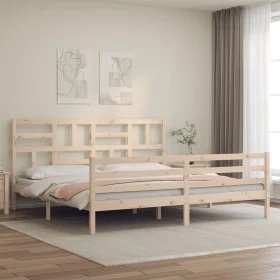 Double bed frame with solid wood headboard by , Beds and slatted bases - Ref: Foro24-3194911, Price: 165,33 €, Discount: %