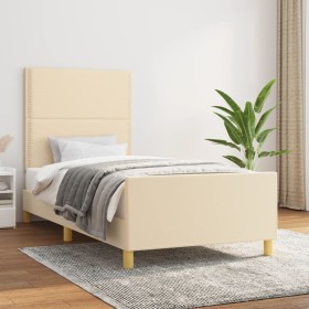 Estructura de cama con cabecero de tela color crema 90x190 cm