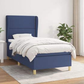 Cama box spring con colchón tela azul 90x200 cm