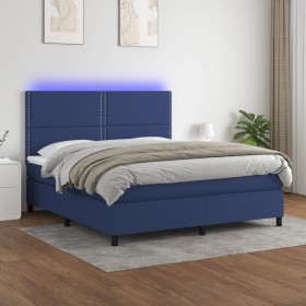 Cama box spring colchón y luces LED tela azul 180x200 cm