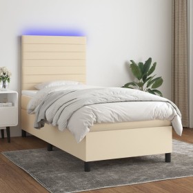Cama box spring colchón y luces LED tela color crema 90x190 cm