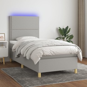 Cama box spring colchón y luces LED tela gris claro 90x200 cm