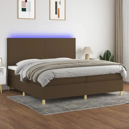 Box spring bed mattress LED lights dark brown fabric 200x200 cm by , Beds and slatted bases - Ref: Foro24-3135304, Price: 652...