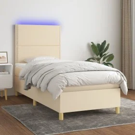 Box spring bed mattress and LED lights cream fabric 100x200 cm by , Beds and slatted bases - Ref: Foro24-3135338, Price: 333,...