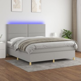 Cama box spring colchón y luces LED tela gris claro 160x200 cm