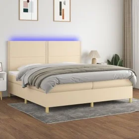 Box spring bed mattress and LED lights cream fabric 200x200 cm by , Beds and slatted bases - Ref: Foro24-3135386, Price: 599,...