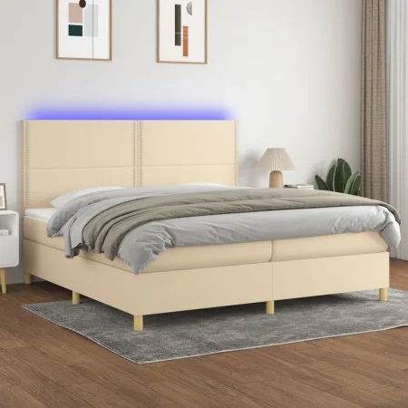 Box spring bed mattress and LED lights cream fabric 200x200 cm by , Beds and slatted bases - Ref: Foro24-3135386, Price: 599,...