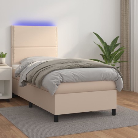 Cama box spring colchón LED cuero sintético capuchino 80x200 cm