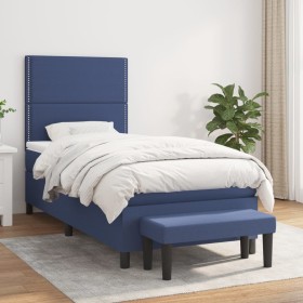 Cama box spring con colchón tela azul 90x190 cm