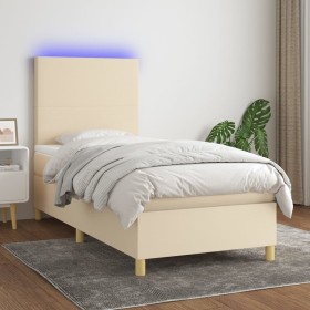 Cama box spring colchón y luces LED tela crema 80x200 cm
