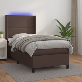Cama box spring y colchón LED cuero sintético marrón 90x200 cm