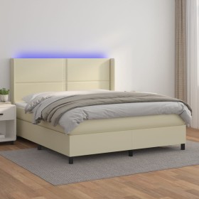 Cama box spring colchón y LED cuero sintético crema 160x200 cm