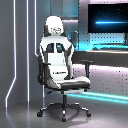 Silla gaming masaje y reposapiés cuero sintético negro blanco en Sillas gaming | Comprar online en Foro24