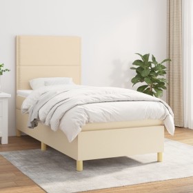 Cama box spring con colchón tela color crema 90x200 cm