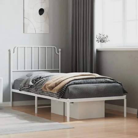 Metal bed frame with white headboard 90x200 cm by , Beds and slatted bases - Ref: Foro24-373929, Price: 60,98 €, Discount: %