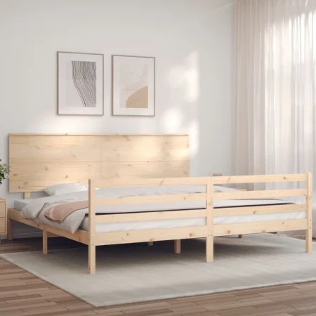 Double bed frame with solid wood headboard by , Beds and slatted bases - Ref: Foro24-3195236, Price: 179,69 €, Discount: %