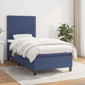 Cama box spring con colchón tela azul 80x200 cm