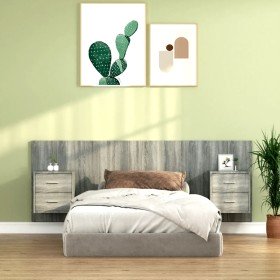 Cabecero de cama con mesitas madera contrachapada gris Sonoma