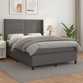 Cama box spring con colchón cuero sintético gris 140x190 cm
