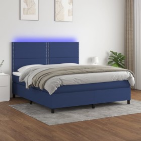 Cama box spring colchón y luces LED tela azul 160x200 cm