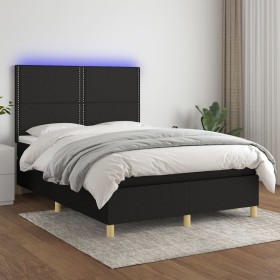 Cama box spring colchón y luces LED tela negro 140x200 cm