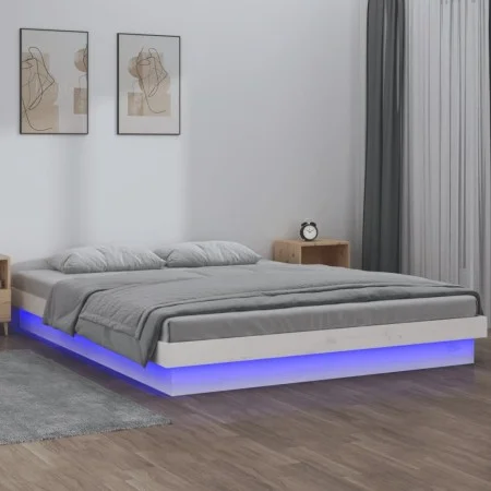 Bed frame with LEDs white solid wood 150x200 cm by , Beds and slatted bases - Ref: Foro24-819978, Price: 175,46 €, Discount: %