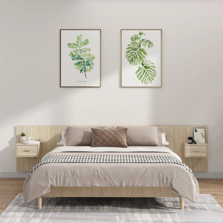 Cabecero de cama con mesitas madera contrachapada roble Sonoma
