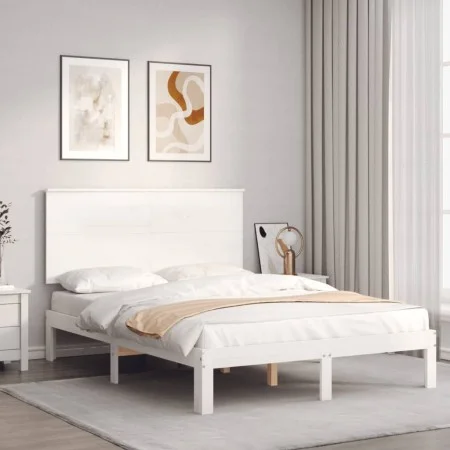 Double bed frame with white solid wood headboard by , Beds and slatted bases - Ref: Foro24-3193632, Price: 146,81 €, Discount: %