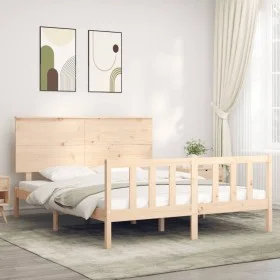 Double bed frame with solid wood headboard by , Beds and slatted bases - Ref: Foro24-3193406, Price: 172,80 €, Discount: %