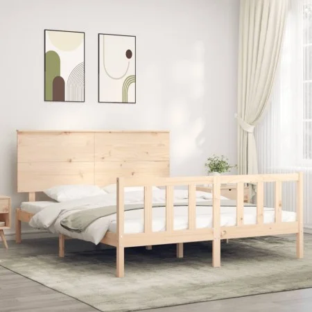 Double bed frame with solid wood headboard by , Beds and slatted bases - Ref: Foro24-3193406, Price: 172,80 €, Discount: %