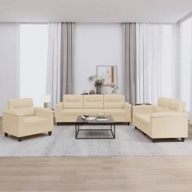 Sofa set with cushions 3 pieces cream microfiber fabric by , Sofas - Ref: Foro24-3202294, Price: 746,23 €, Discount: %
