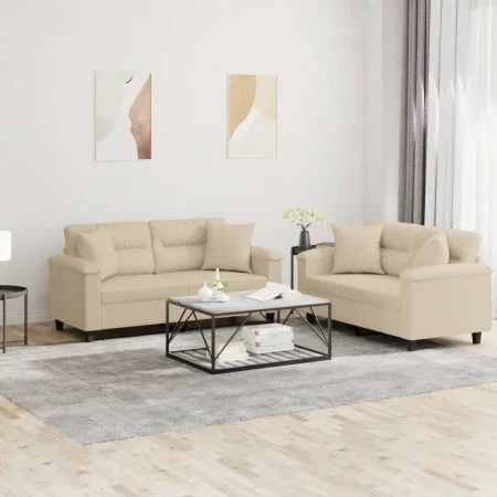 Sofa set with cushions 2 pieces cream microfiber fabric by , Sofas - Ref: Foro24-3202330, Price: 489,15 €, Discount: %