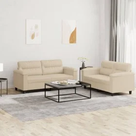 Sofagarnitur mit Kissen, 2-teilig, cremefarbener Mikrofaserstoff von , Sofas - Ref: Foro24-3202318, Preis: 455,43 €, Rabatt: %