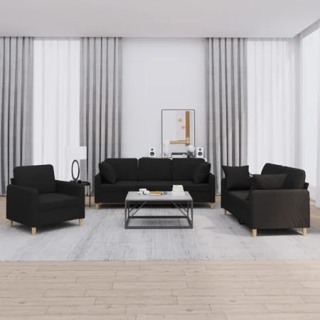 Sofa set with cushions 3 pieces black fabric by , Sofas - Ref: Foro24-3202074, Price: 753,90 €, Discount: %