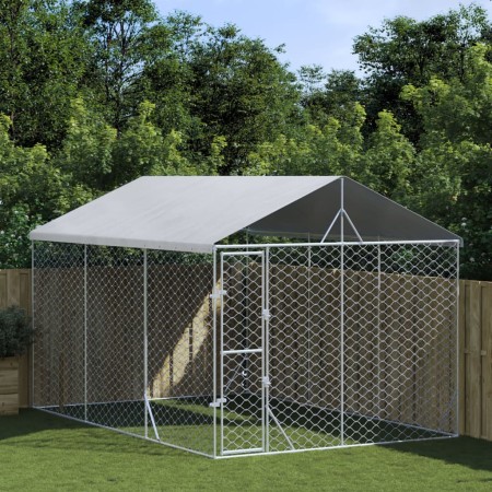 Perrera exterior con techo acero galvanizado plata 3x4,5x2,5 m en Casetas y cercados para perros | Comprar online en Foro24
